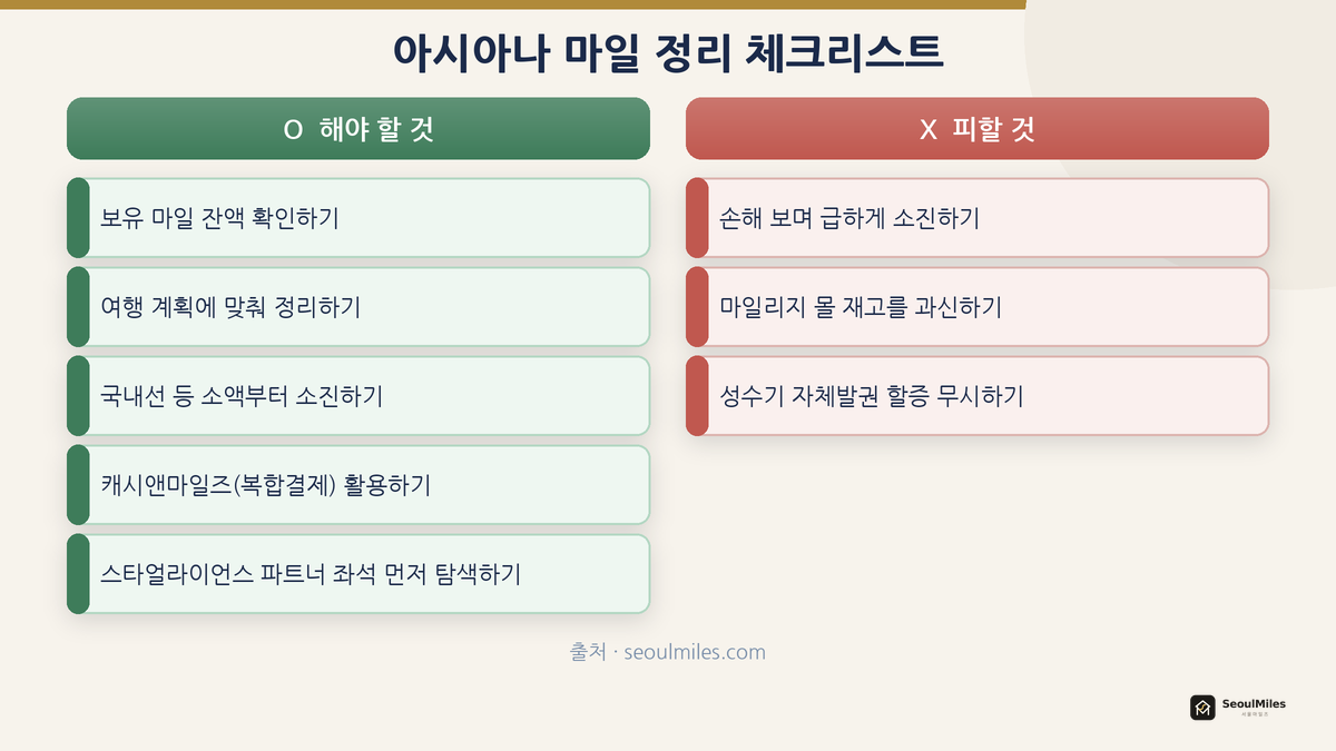 아시아나 마일 정리 체크리스트 — 해야 할 것과 피할 것 비교